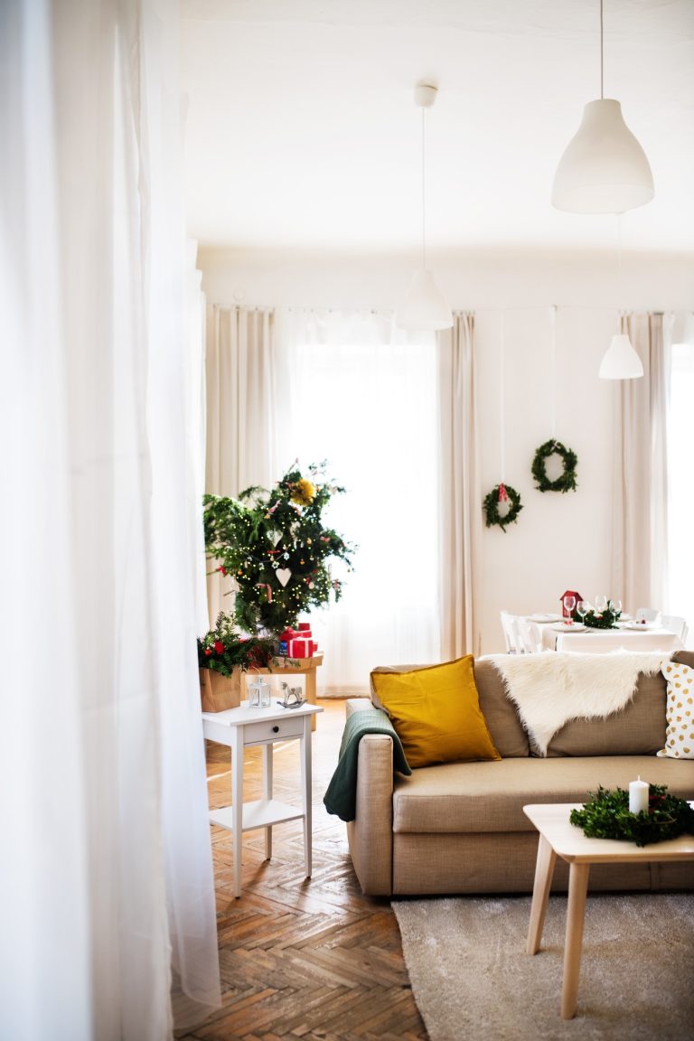 An interior of a room at home at Christmas time.