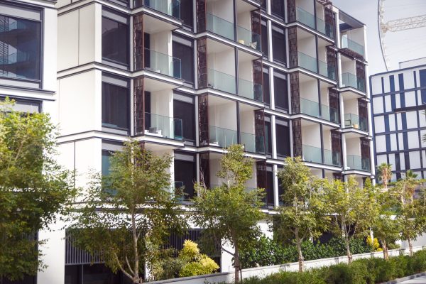 Block of flats in beautiful green public park